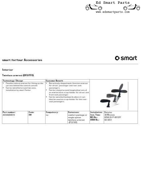 OEM Smart ForFour 454 Twinface Armrest A4546800019 ULTRA RARE