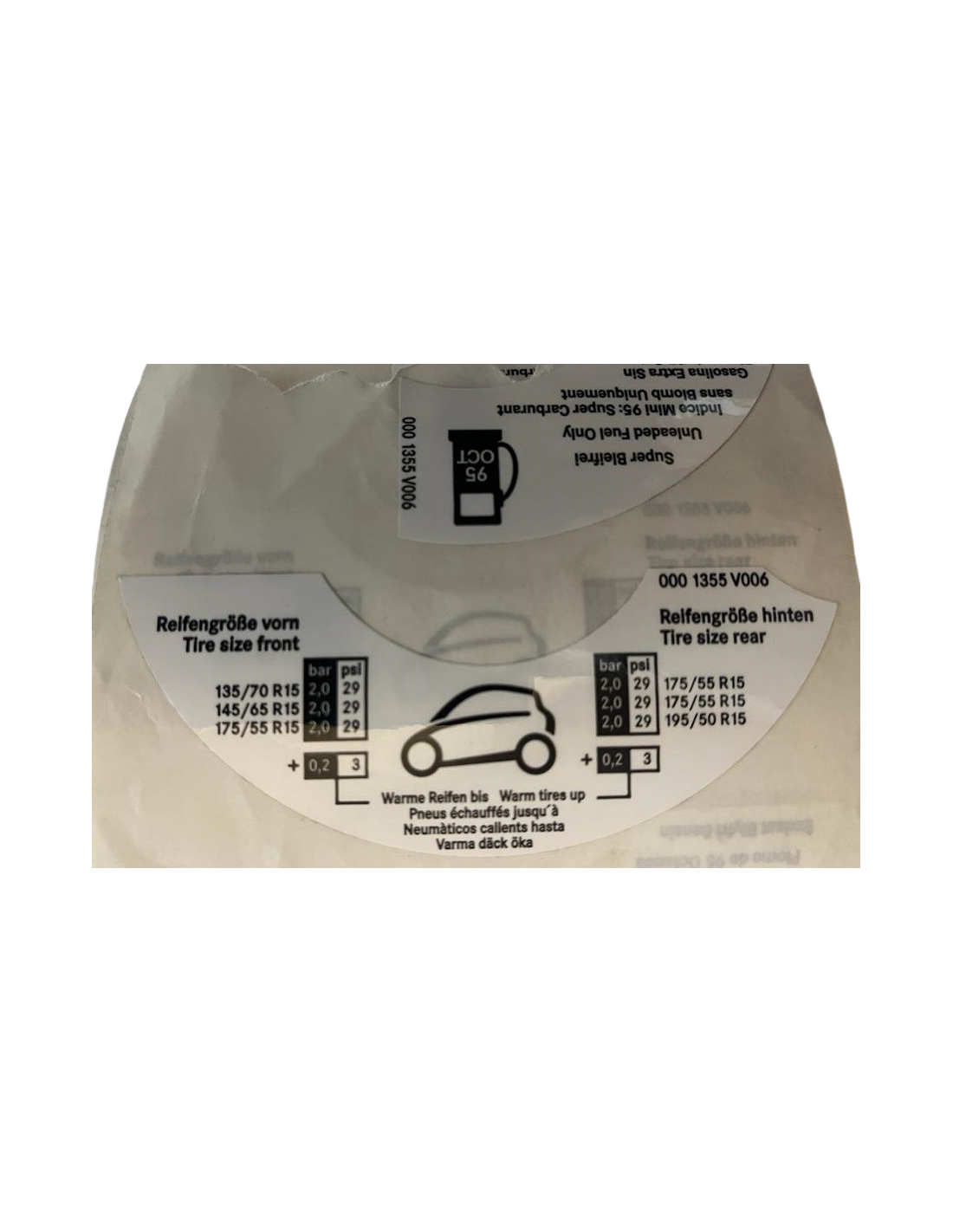 FUEL ADVISORY STICKER SET for Smart ForTwo 450 and Roadster 452 45kw