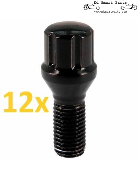 Bulloni ruota M12X1.5x24mm neri a 6 scanalature, set da 12 per modelli Smart Roadster e ForTwo